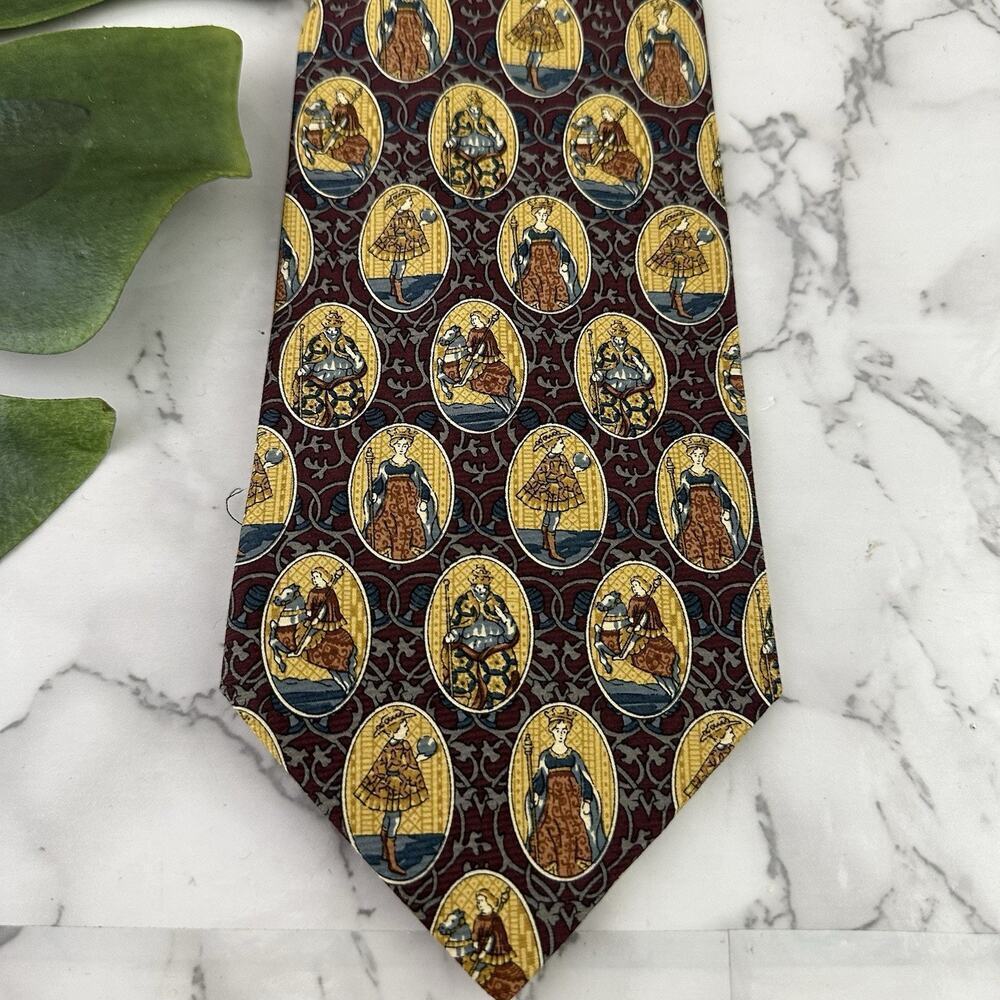 Kieselstein Cord Mens Vintage 90s Silk Neck Tie Tan Brown Knights Royalty Italy - Picture 2 of 7